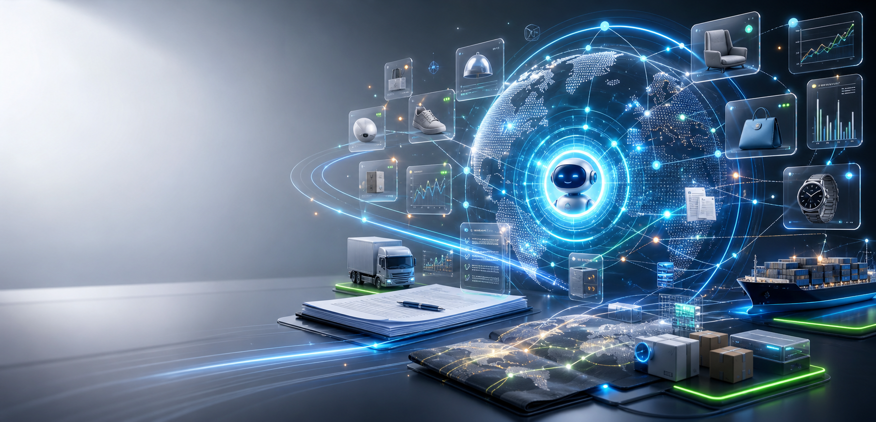 Futuristic AI sourcing environment with product samples, supplier signals, shipping routes, and trade documents